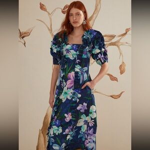 NWT FARM Rio Floraline Ruffle Short Sleeve Midi Dress